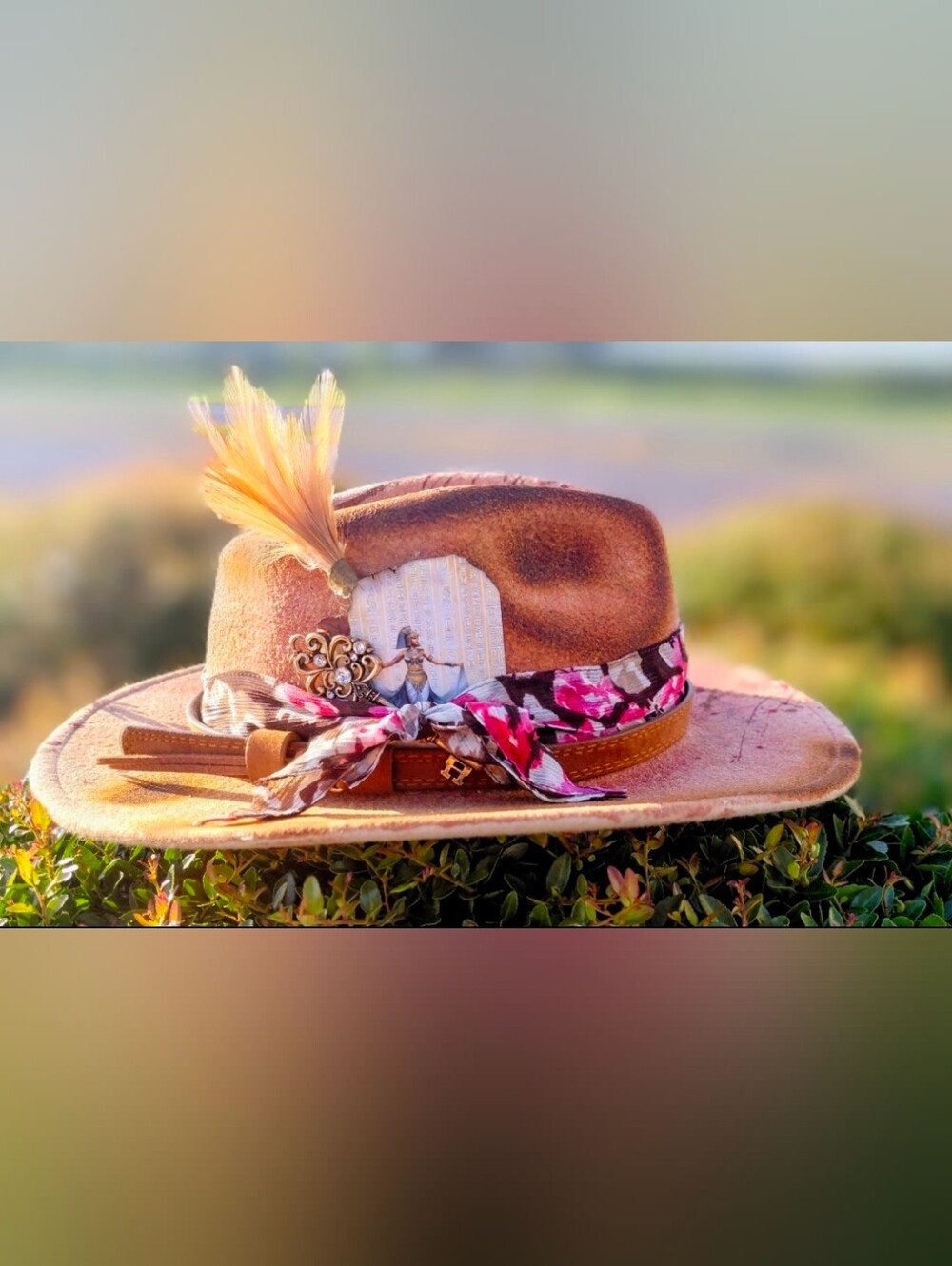 DESILAS Hand Dyed with Organic Beets Fedora - Brown with PINK & Tan Roses